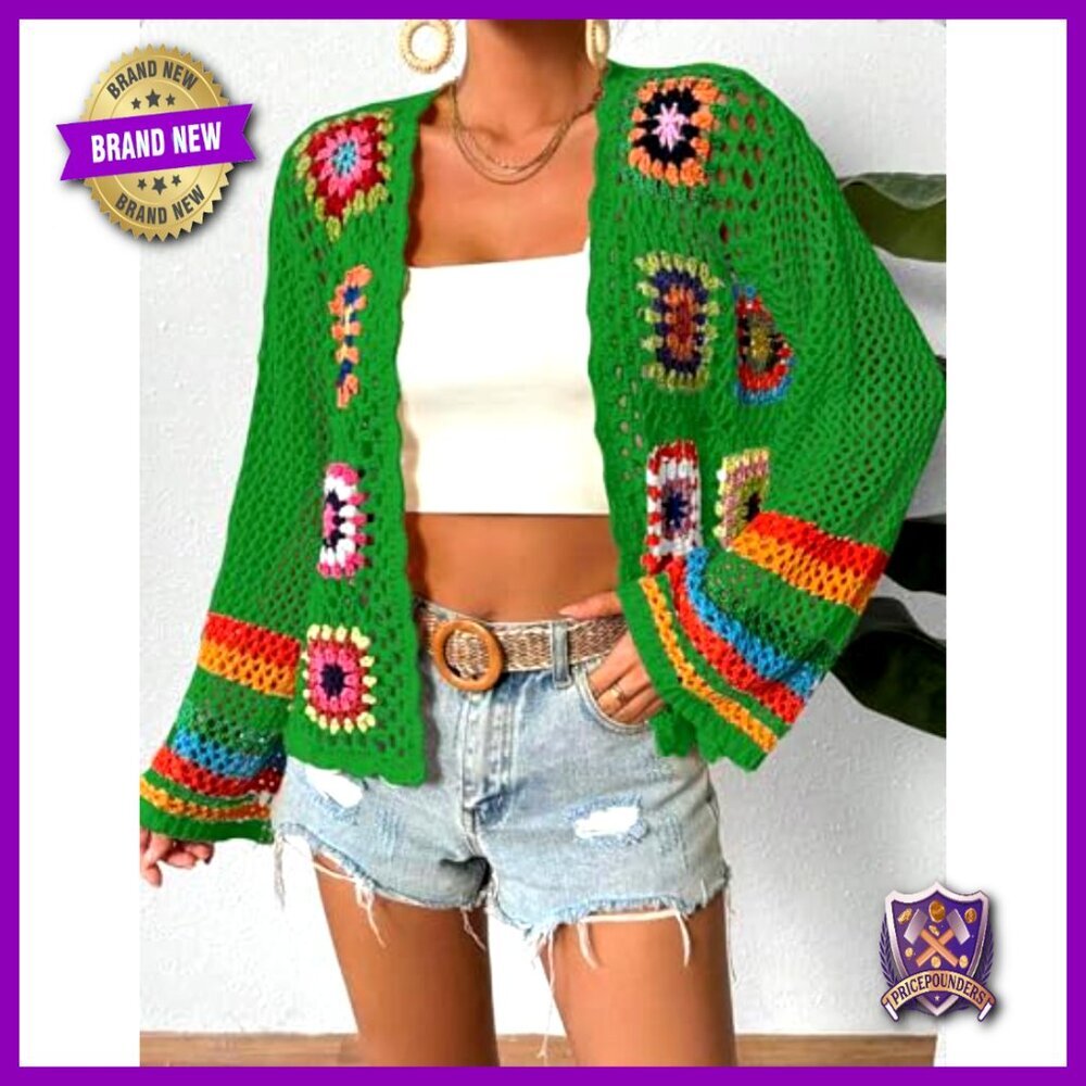 Crochet Cardigan Boho Hollow Out Sweater Open Front Long Sleeves - Picture 5 of 7